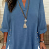 Plus Size Faux Denim Blouse with Decorative Buttons & Tassel Knot Front High-Low Hem Spring/Summer Polyester Blend