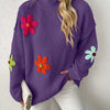 Plus Size Floral Applique Knit Sweater – Women's Long Sleeve High Neck Pullover for Fall & Winter