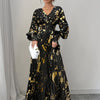 Black & Gold Floral Maxi Dress — V-Neck Long Sleeve Ruffled A-Line Polyester Dress for Spring & Fall