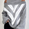 Plus Size Off-Shoulder High-Neck Cable Knit Sweater, Grey & White Striped Pullover, Machine Washable
