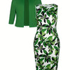 Women's Green Floral Print Elegant Dress Set - Two-Piece Knit Outfit