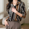 Women's Geometric Striped Long Sleeve Shirt - Black & Coffee Color Block, Lapel Collar, Single-Button Office & Casual Blouse
