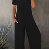 Women's Summer Lightweight Jumpsuit – Black Short Sleeve Round Neck Wide-Leg Relaxed Fit for Casual, Vacation & Beachwear