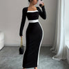 French Square-Neck Bodycon Midi Dress - Long Sleeve Black Sheath, Polyester-Elastane Knit
