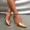 Elegant Golden Stiletto Heels - Women's Pointed-Toe Ankle Strap Pumps with Buckle, Synthetic Upper & Rubber Sole