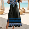Plus Size Ethnic Boho Midi Dress with Side Slits, Short Sleeve Crew Neck Tunic for Spring & Summer