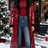 Women's Red PU Leather Long Coat with Black Faux Fur Collar & Cuffs – Regular Fit X-Line Single-Breasted Winter Jacket with Pockets, Vintage Biker Casual
