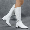 Embroidered Women's Knee-High Boots with Side Zipper, Golden Knight Block Heel Pointed Toe, Autumn/Winter