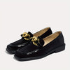 Women's Glossy Black Chunky Heel Loafers – Slip-Resistant Slip-On Moccasin with Gold Buckle & Arch Support