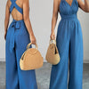 Women's V-Neck Backless Cross-Waist Tie Wide-Leg Jumpsuit - Solid Blue, Machine Washable, Non-Stretch