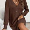 Plus Size V-Neck Long Sleeve Sweater Dress with Single Button Closure, Soft Pink Loose-Fit Casual Chic