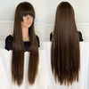40-Inch (102 cm) Long Straight Synthetic Wig with Bangs & Detachable Ponytail — Dark Brown to Black, Adjustable Cap for Cosplay & Parties