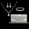 Rhinestone Evening Clutch with Removable Chain Strap – 4-Piece Necklace & Earrings Set, Gold or Silvery Grey