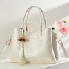 Beige Floral Commuter Handbag – Faux Leather Messenger Bag with Detachable Strap, Tassel & Gold Hardware