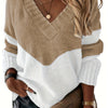 Plus Size Colorblock V-Neck Sweater - Stretch Knit Long Sleeve Pullover