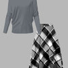 Elegant Women's Autumn Outfit - Solid Long-Sleeve Crew Top with Checkered Plaid Skirt