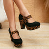 Leopard Print D'Orsay Platform Heels for Women - Block Heel Round Toe Flannel Upper