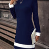 Contrast Trim Crew Neck Long Sleeve Dress for Women, Fitted Casual Knit for Spring & Fall