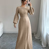 Beige Knit Sweater Dress with Lantern Sleeves, Long High-Neck Ribbed Fall Winter Dress for Women