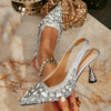 Women's Silver Pointed Toe D'Orsay High Heels - Rhinestone & Pearl Embellished Flare Heel Evening Pumps
