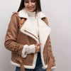 Women's Brown PU Leather Bomber Jacket with White Faux Fur Trim – Zip-Up Motorcycle Style, All-Season Casual Coat