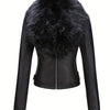Women's Faux Leather Jacket with Removable Faux Fur Collar, Knit Panels, Zipper Front, Polyester Lined for Fall Winter