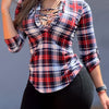 Plaid Drawstring V-Neck Blouse - Casual Long Sleeve Top for Women