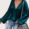 Green French Satin Tie-Front Blouse V-Neck Long Sleeve Ruched Top for Women