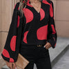 Elegant Black & Red Color Block Puff Sleeve Blouse for Women - Opaque Machine-Washable Spring/Fall Top