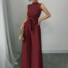 Women's Sleeveless High-Neck Wide-Leg Jumpsuit with Belted Waist