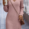 Women's V-Neck Cable Knit Midi Sweater Dress - Soft Pink Long Sleeve Bodycon, All-Season Office and Casual