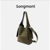 Genuine Leather Crossbody Bucket Bag - Olive Green & Caramel Tan Suede Lining, Ear-Hook Buckle, Single Shoulder Strap