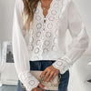 Women's Elegant V-Neck Long Sleeve Embroidered Ruffle Neck Blouse - Lightweight Woven Polyester for Spring/Summer