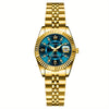 Elegant Women's Mechanical Watch - Gold Stainless Steel Band, Blue Dial, Boho World-Time Wristwatch, Ideal Gift
