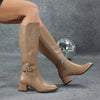 Embroidered Women's Knee-High Boots with Side Zipper, Golden Knight Block Heel Pointed Toe, Autumn/Winter
