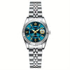 Elegant Women's Mechanical Watch - Gold Stainless Steel Band, Blue Dial, Boho World-Time Wristwatch, Ideal Gift