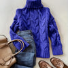 Women's High-Neck Cable Knit Sweater - Soft Blue Loose-Fit Long Sleeve Pullover for Fall & Winter