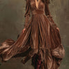 Velvet A-Line Maxi Dress - Deep V-Neck, Long Sleeves & Ruffled Hem, Floor-Length Vintage Formal Dress in Brown