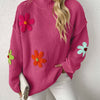 Plus Size Floral Applique Knit Sweater – Women's Long Sleeve High Neck Pullover for Fall & Winter