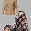 Elegant Women's Autumn Outfit - Solid Long-Sleeve Crew Top with Checkered Plaid Skirt
