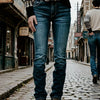 Women's Vintage Straight-Leg Jeans – Stretch Washed Slim-Fit Light Wash Distressed Denim with Functional Pockets