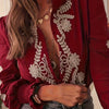 Women's Floral Embroidered Blouse — Green & White Color-Block Stand Collar with Lantern Sleeves