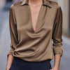 Silvery Satin V-Neck Blouse for Women, Long Sleeve Button-Front Satin Shirt, Elegant Smooth Finish