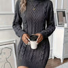 Women's Cable Knit Sweater Dress - High Neck Rib-Knit Long Sleeve Fall/Winter