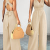 Women's V-Neck Backless Cross-Waist Tie Wide-Leg Jumpsuit - Solid Blue, Machine Washable, Non-Stretch