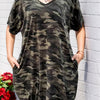 Plus Size Camouflage V-Neck Batwing A-Line Knee-Length Dress – Casual Summer Tunic, Loose Fit (Orange Brown Camo)
