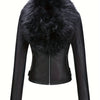 Women's Retro Faux Leather Motorcycle Jacket with Detachable Large Fur Collar - Fall/Winter