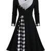 Women's Vintage V-Neck Midi Dress – Plaid Color Block Knit A-Line Pendulum, Polyester-Spandex, Regular Sleeves for Fall/Winter