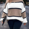 Plus-Size Striped Long Sleeve Knit Sweater – Halter Neck Color Block Pullover (Green, Black & White)