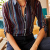 Ethnic Striped Button-Up Shirt - Vintage Long Sleeve Polyester Blouse for Women, Spring and Autumn